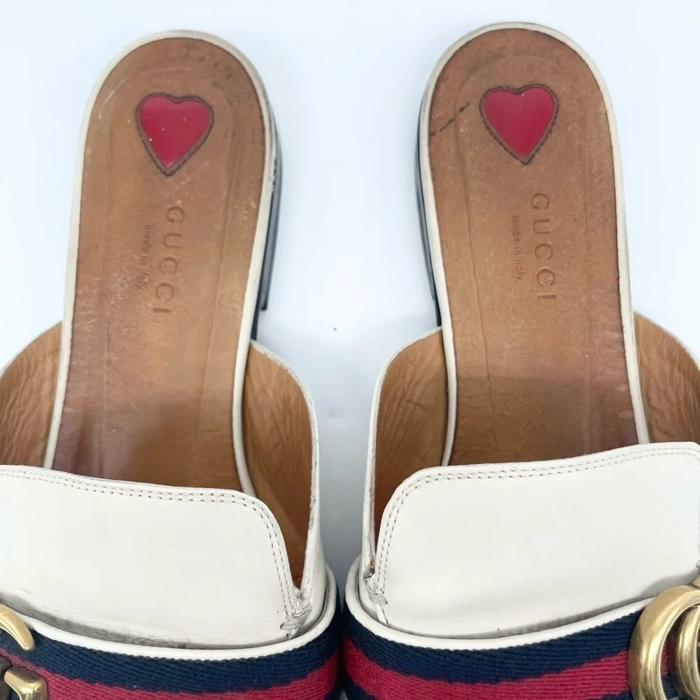 Gucci GG Logo Marmont Red Blue Web Canvas White Leather Mules Loafers EU 38.5 - Picture 3 of 15
